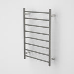 Caroma Liano II heated towel ladder in gunmetal, front view, with 8 round bars on a wall-mounted bathroom rail.