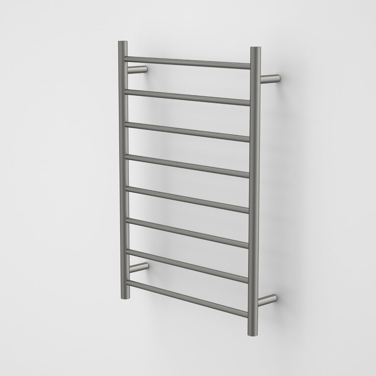 Caroma Liano II heated towel ladder in gunmetal, front view, with 8 round bars on a wall-mounted bathroom rail.