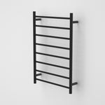 Caroma Liano II matte black heated towel ladder with 8 round bars, wall-mounted on a white background