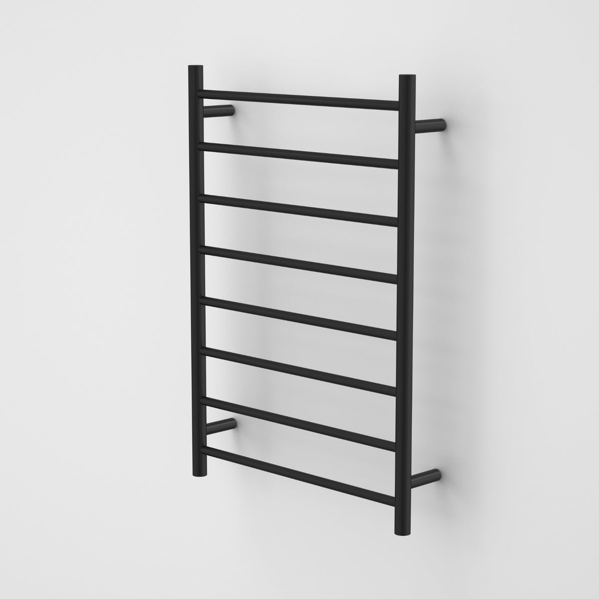 Caroma Liano II matte black heated towel ladder with 8 round bars, wall-mounted on a white background