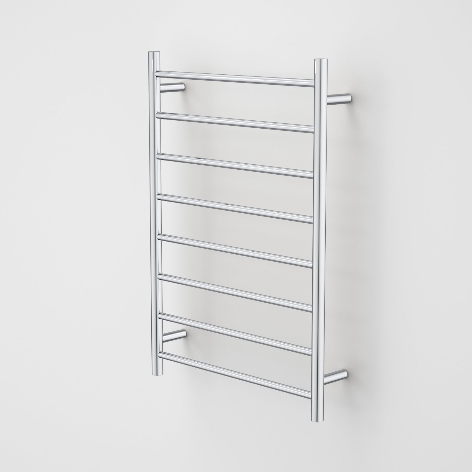 Caroma Liano II heated towel ladder in polished stainless steel, 8-bar round rail on a white background