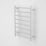 Caroma Liano II heated towel ladder in polished stainless steel, 8-bar round rail on a white background