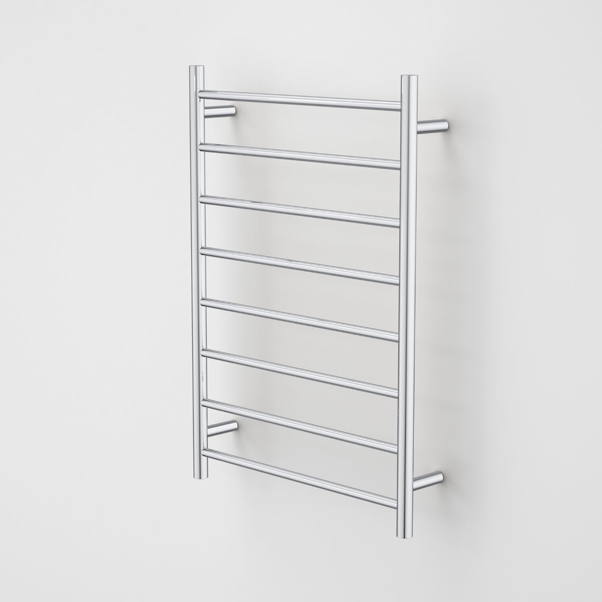 Caroma Liano II heated towel ladder in polished stainless steel, 8-bar round rail on a white background