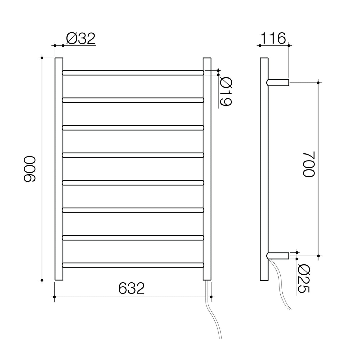 Caroma Liano II heated towel ladder technical drawing, polished stainless steel, 632 x 900mm, 8-bar front and side views