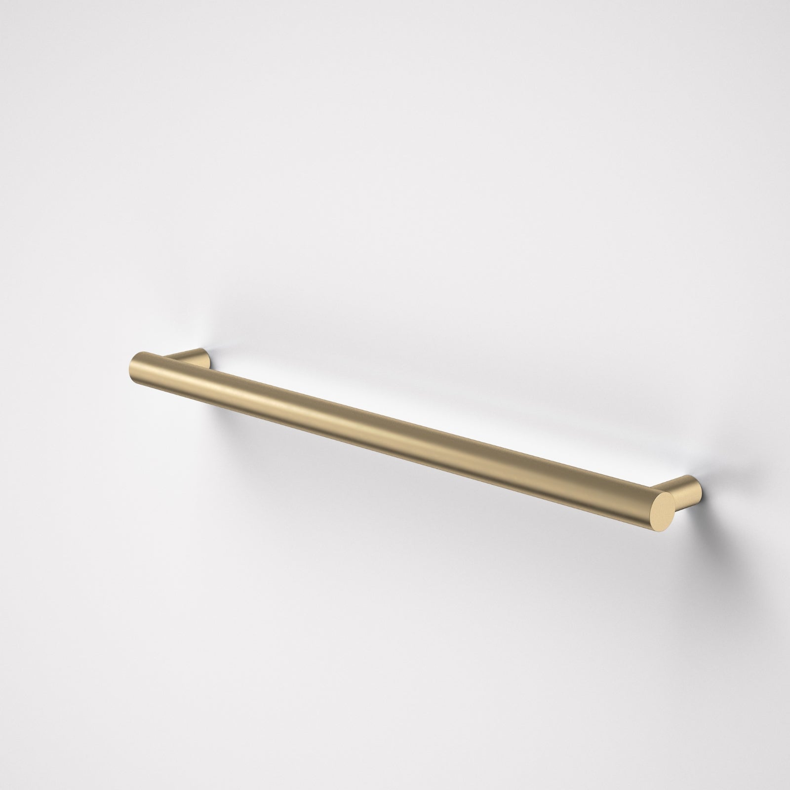 Caroma Liano II horizontal heated towel rail in brushed brass, single round bar on white background