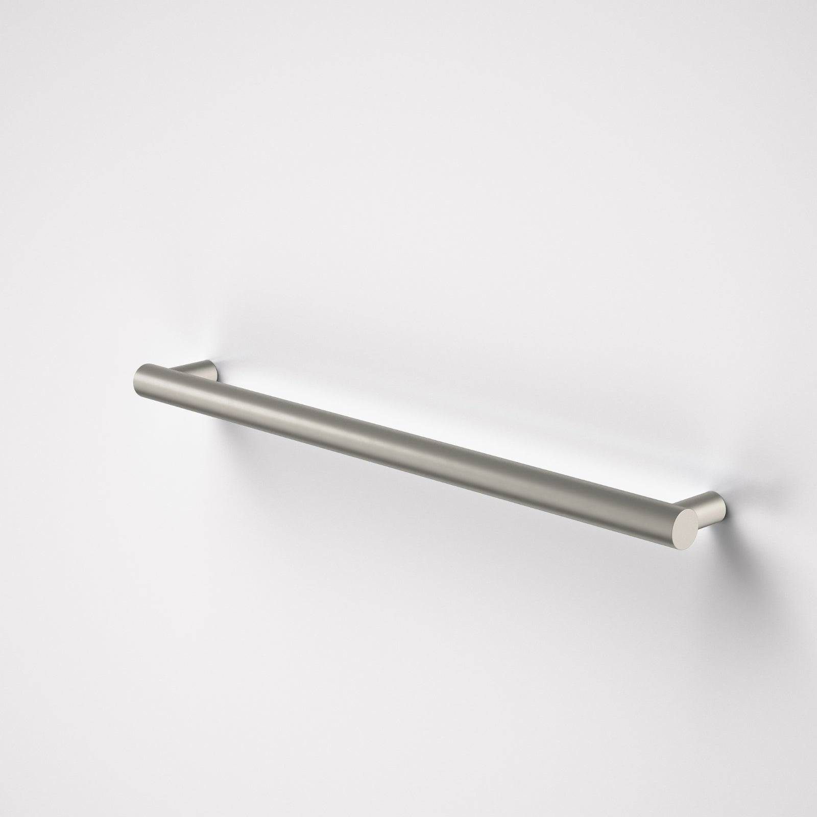 Caroma Liano II horizontal heated towel rail in brushed nickel, single round bar on white background
