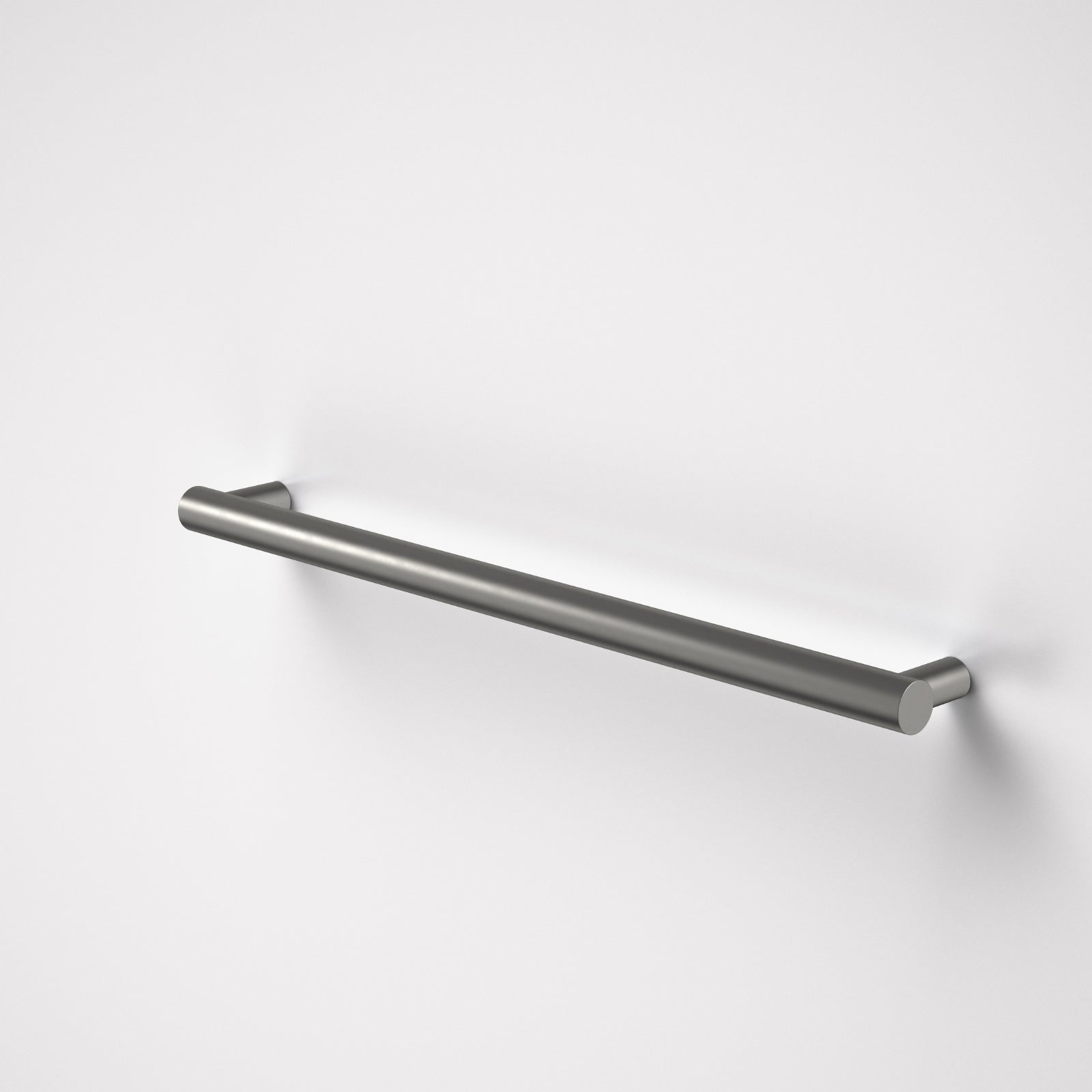 Caroma Liano II horizontal heated towel rail in gunmetal, single round bar, wall-mounted detail view