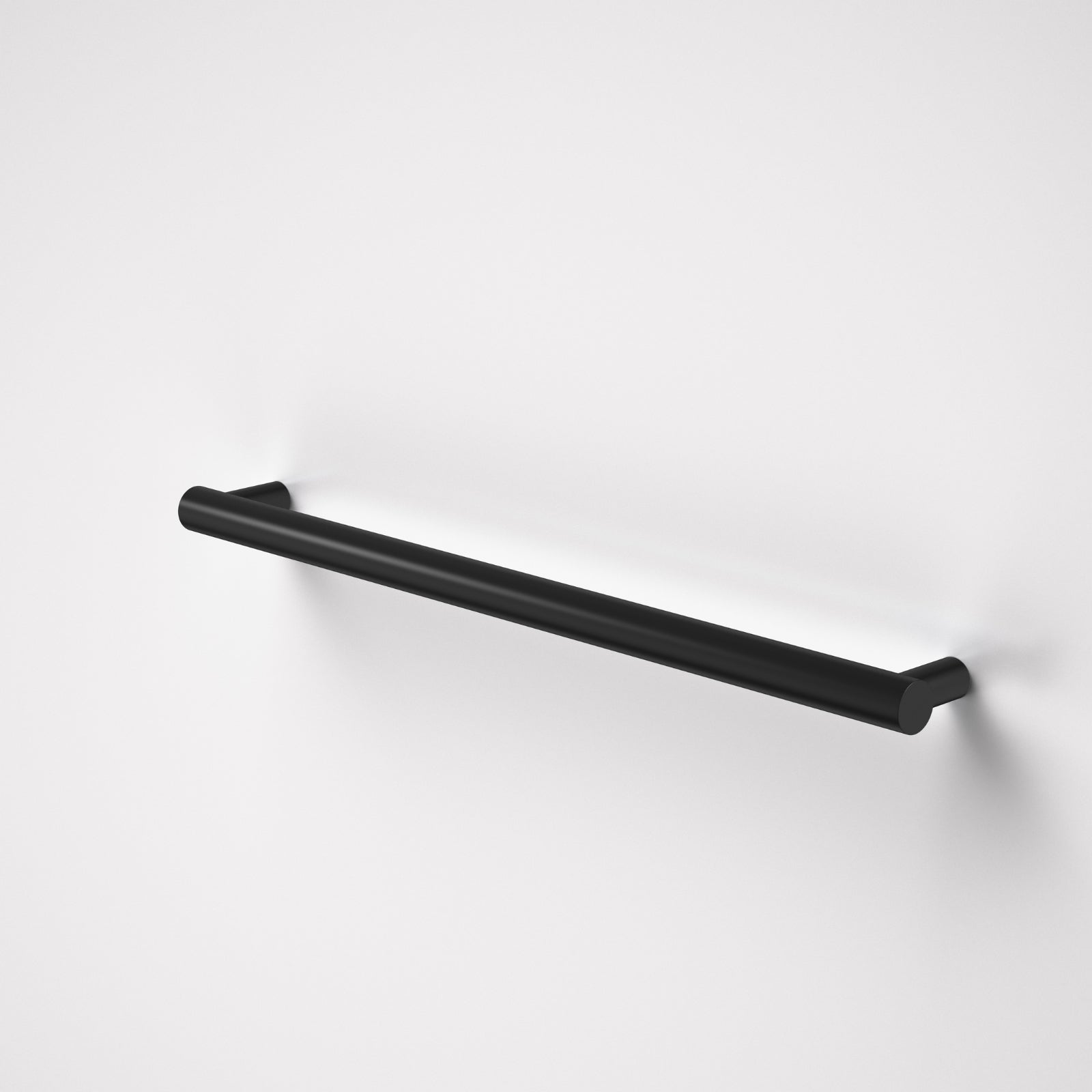 Caroma Liano II horizontal heated towel rail in matte black, single round bar on a white background