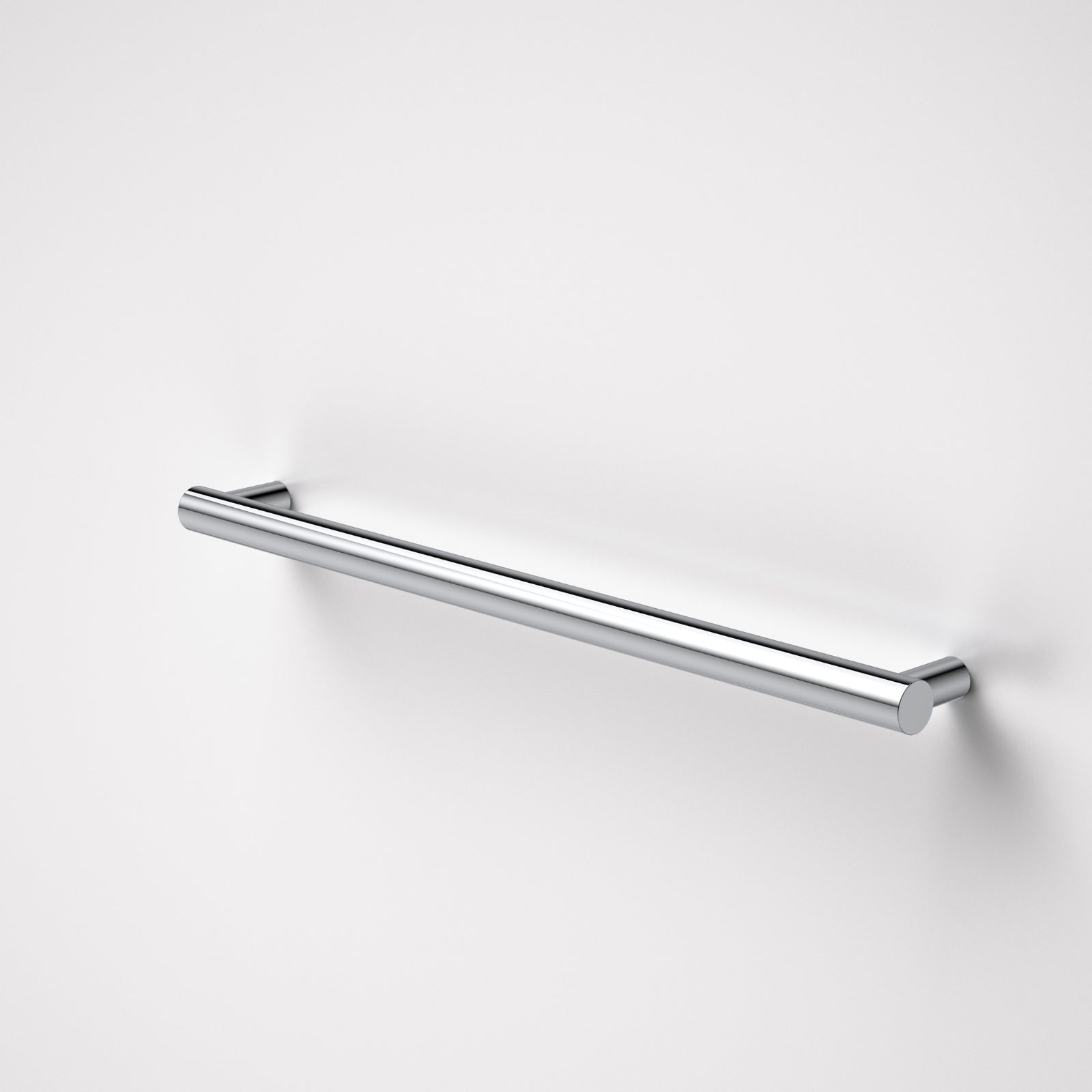 Caroma Liano II horizontal heated towel rail, polished stainless steel, single round bar on white background