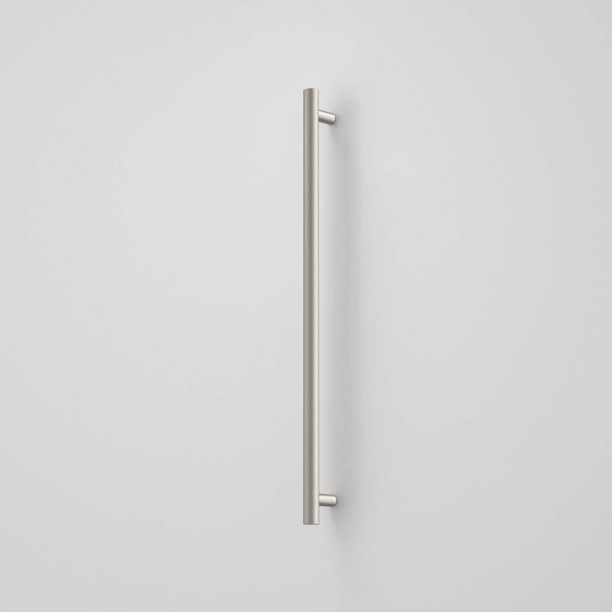Caroma Liano II vertical heated towel rail in brushed nickel, single round bar on a white background