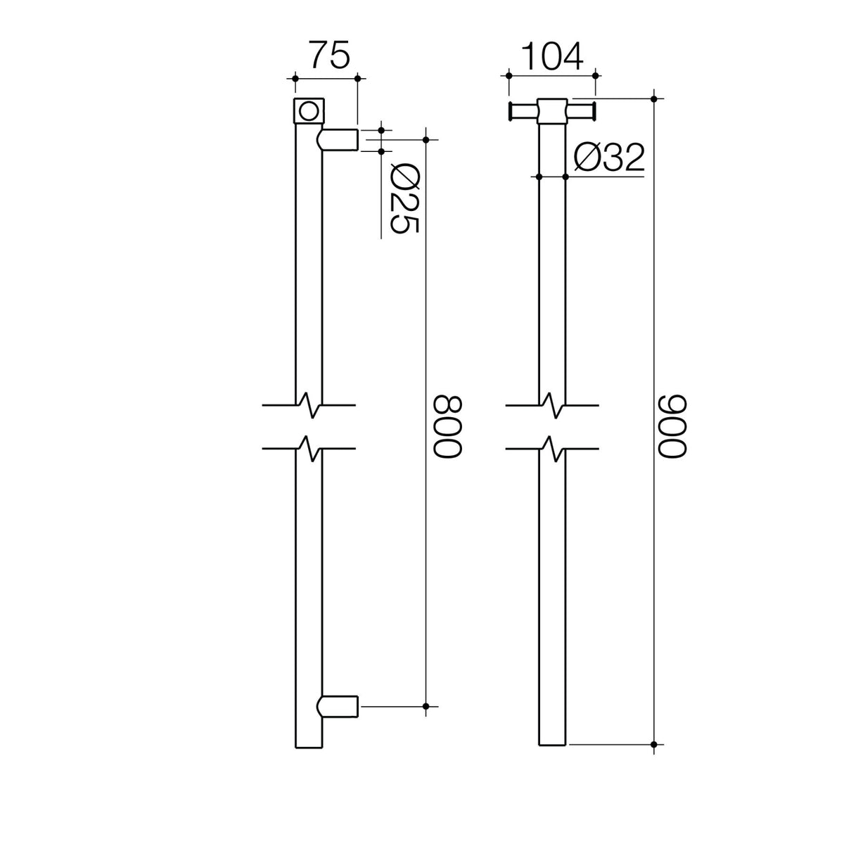 Technical drawing of Caroma Liano II vertical heated towel rail, brushed nickel, showing 900mm height and dimensions.