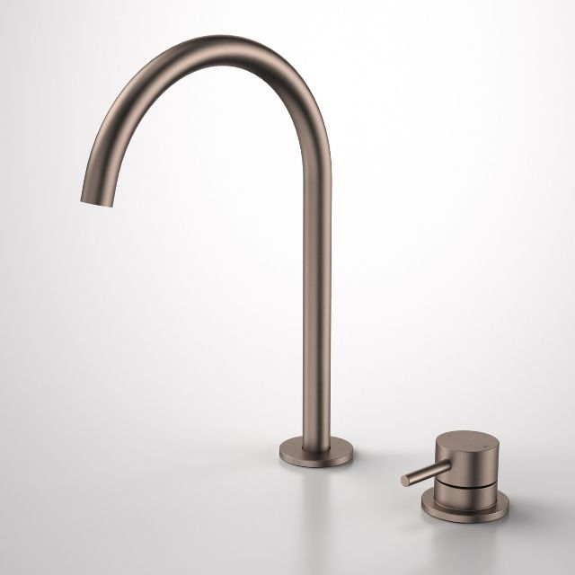 Caroma Liano II hob basin mixer set in brushed bronze, with curved outlet and separate mixer control