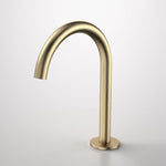 Caroma Liano II 160mm hob swivel outlet in brushed brass, curved basin spout on round base, side view