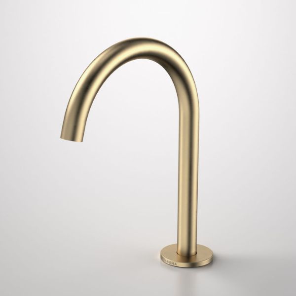 Caroma Liano II 160mm hob swivel outlet in brushed brass, curved basin spout on round base, side view
