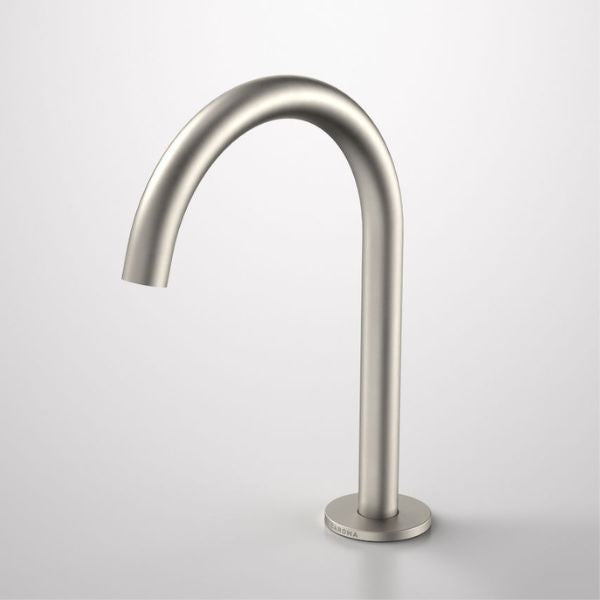 Caroma Liano II hob swivel outlet tap, 160mm, brushed nickel, curved spout on round base, front view