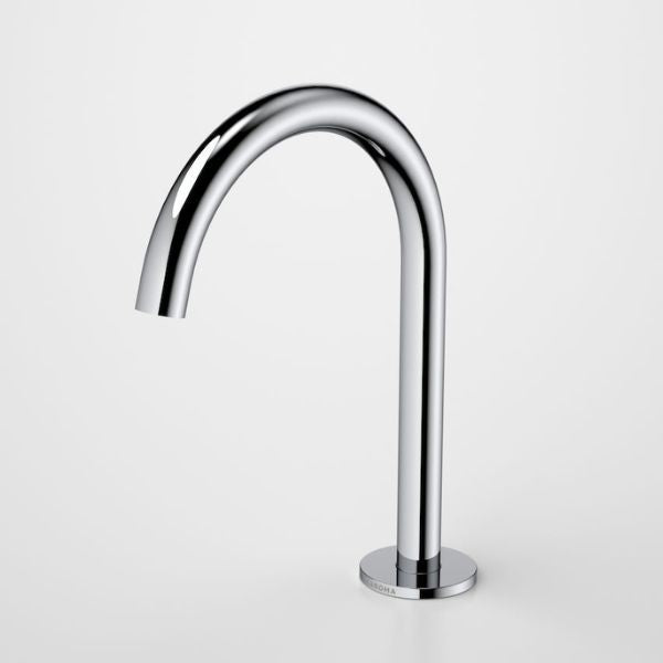 Caroma Liano II chrome hob-mounted swivel basin spout, 160mm curved outlet on round base
