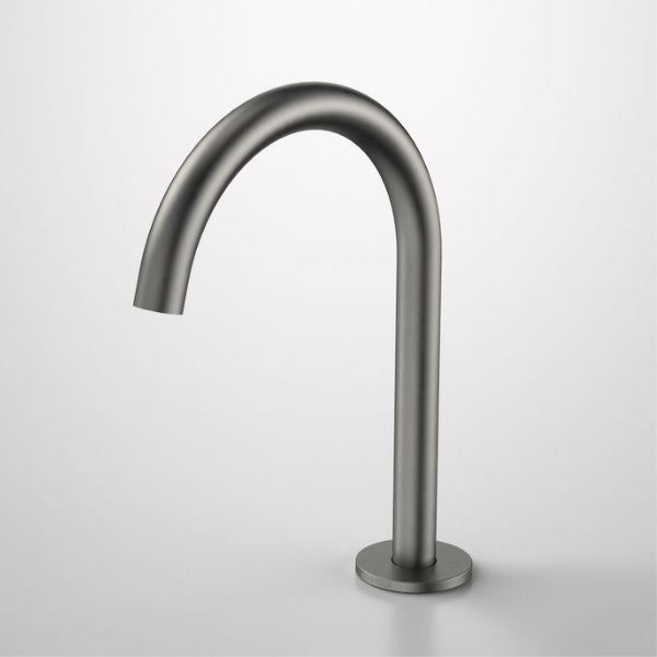 Caroma Liano II hob swivel outlet in gunmetal, shown front-on with curved spout and round base