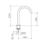 Caroma Liano II hob swivel outlet technical drawing, 160mm reach in gunmetal with dimensions marked 243, 160 and G1/2