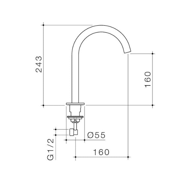 Caroma Liano II hob swivel outlet technical drawing, 160mm matte black basin spout with dimensions shown