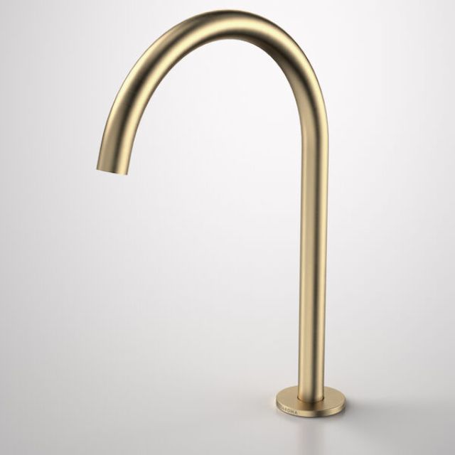 Caroma Liano II hob swivel outlet tap in brushed brass, 200mm spout, side view on round base