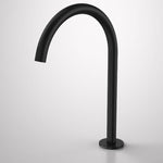 Caroma Liano II hob swivel outlet tap in matte black, curved 200mm spout, side view