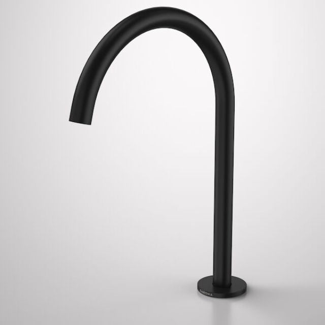 Caroma Liano II hob swivel outlet tap in matte black, curved 200mm spout, side view