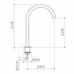 Technical drawing of Caroma Liano II hob swivel outlet in matte black, showing dimensions 318mm high and 200mm reach.