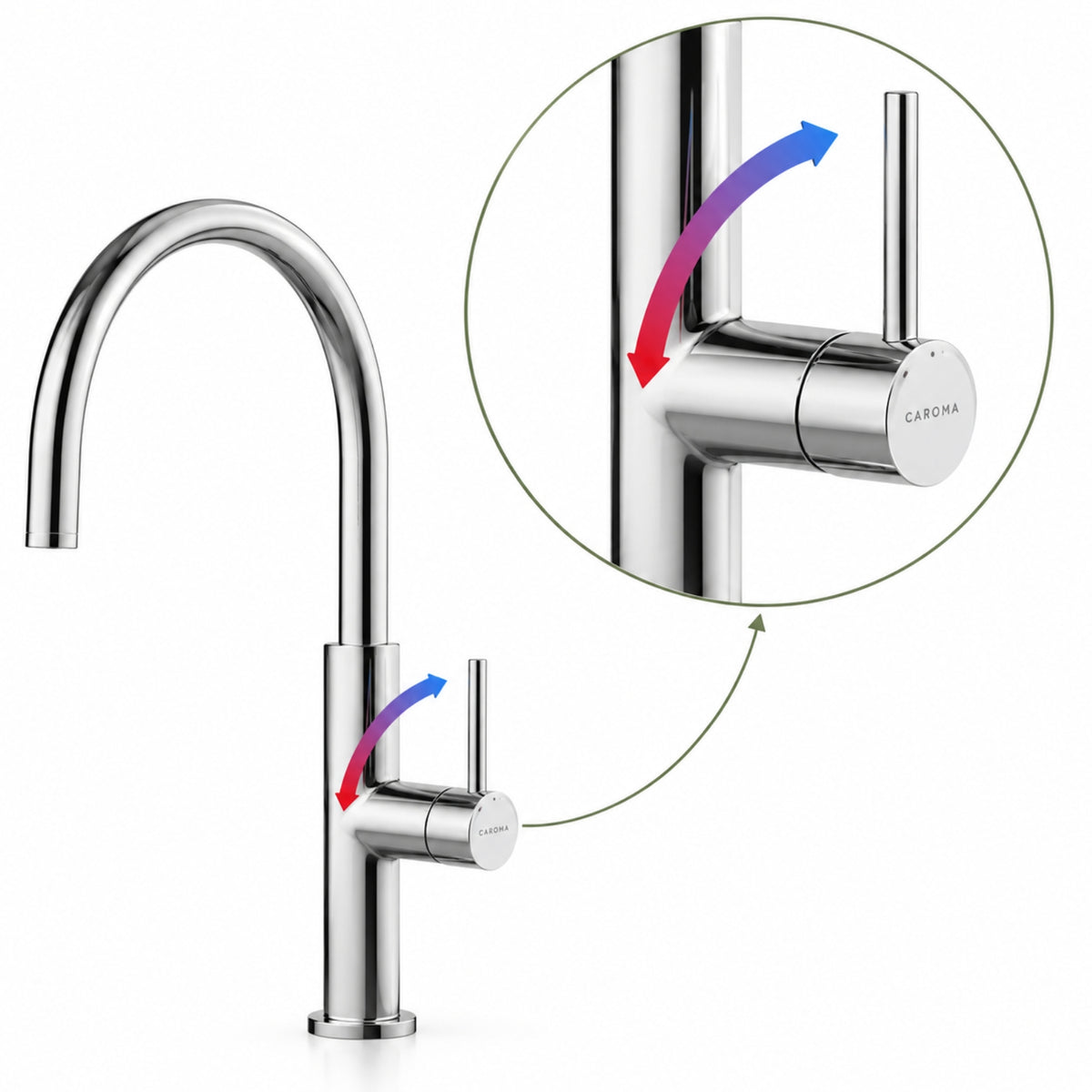 Caroma Liano II pull out sink mixer in brushed brass, with rotating spout and hand piece detail