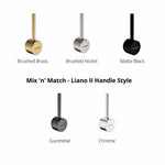 Caroma Liano II handle style variants shown in brushed brass, brushed nickel, matte black, gunmetal and chrome