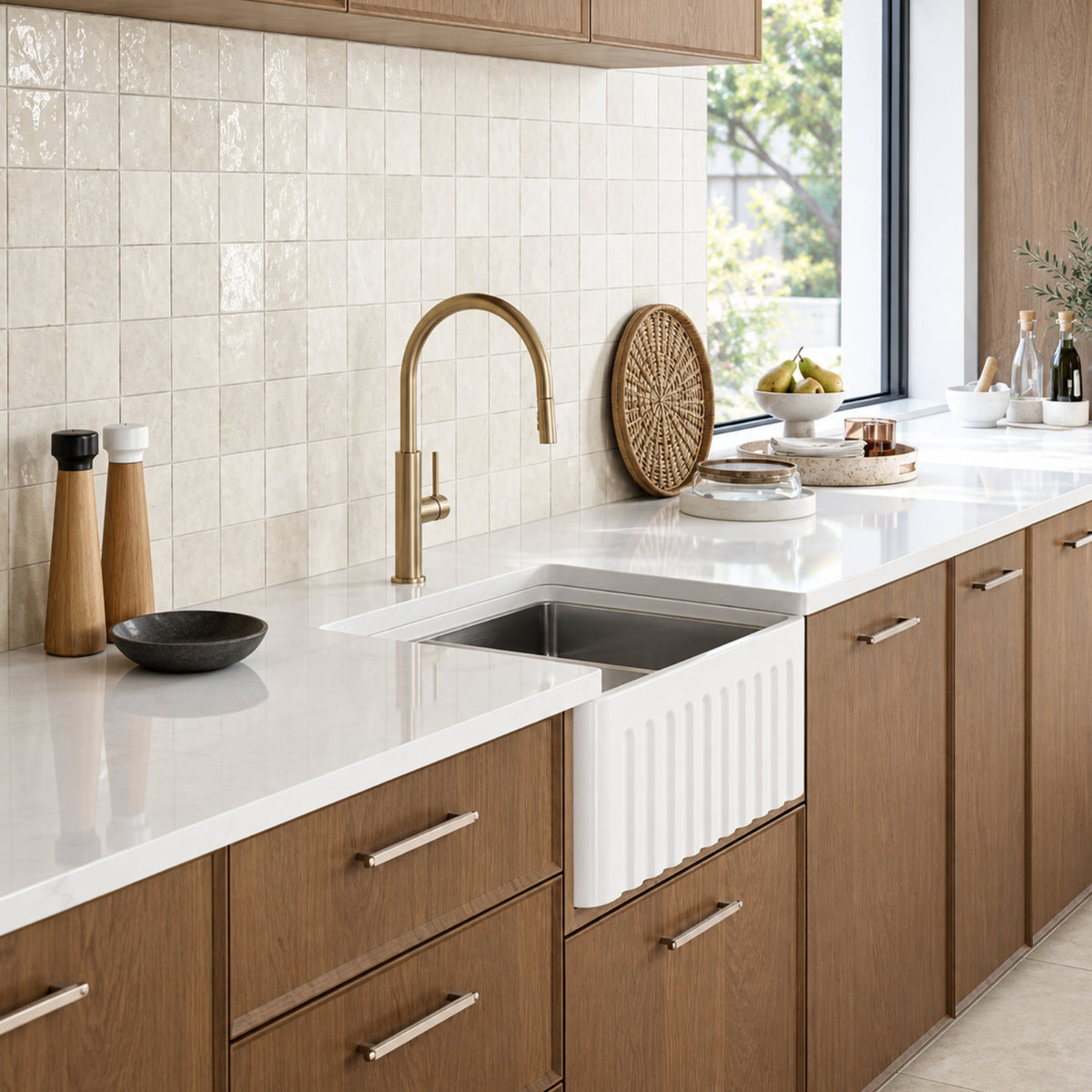 Caroma Liano II pull out sink mixer in brushed brass, shown installed over a kitchen sink in a modern benchtop setting