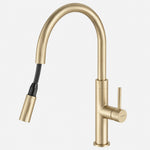 Caroma Liano II pull out sink mixer in brushed brass, shown with retractable hose and arched gooseneck spout on white background
