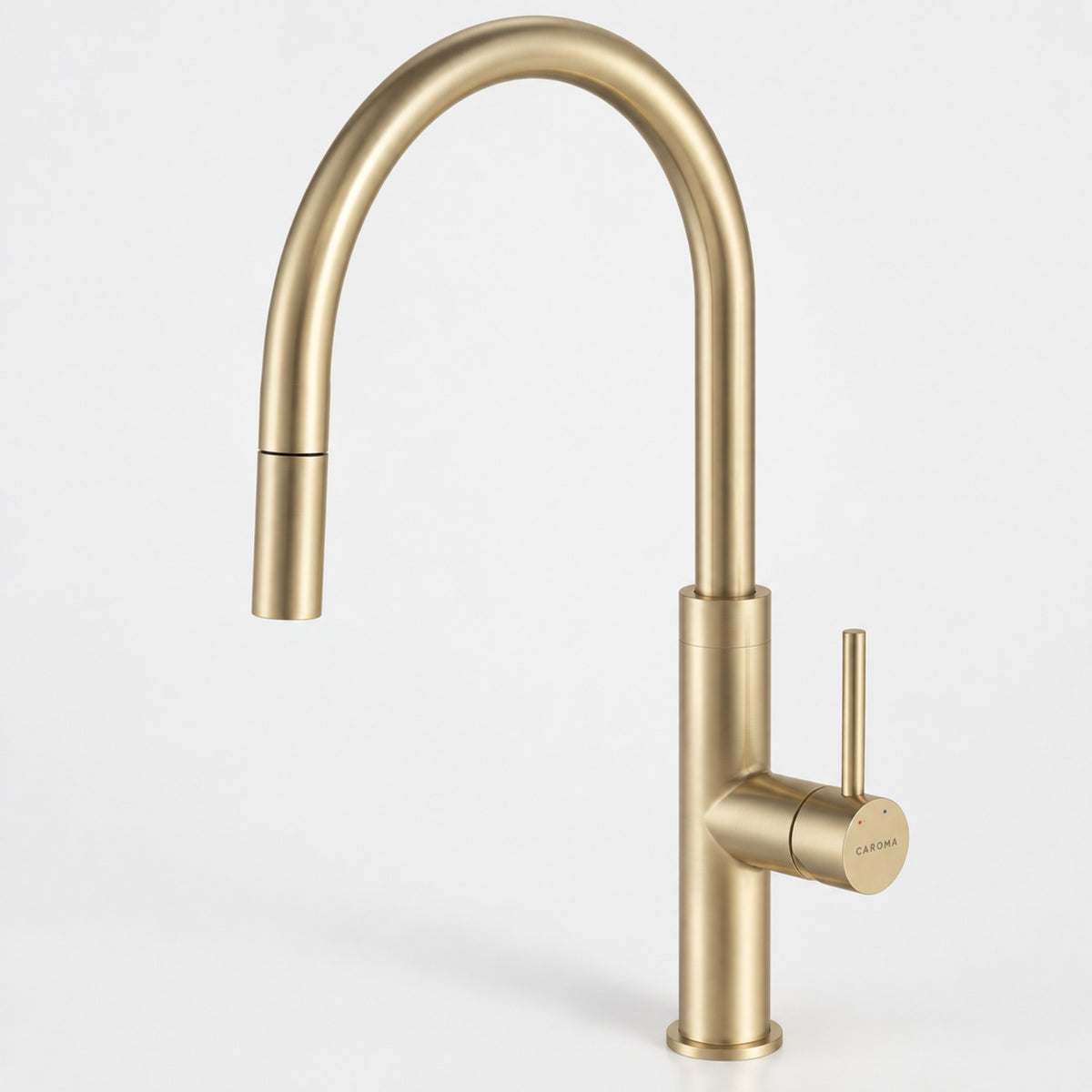 Caroma Liano II pull out sink mixer in brushed brass, shown front on with tall curved gooseneck spout and side lever.