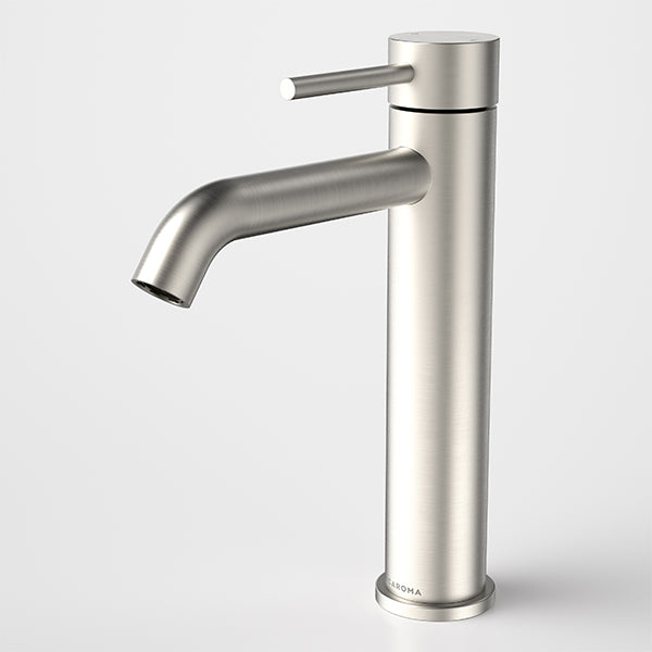 Caroma Liano II mid tower basin mixer in brushed nickel, with slim cylindrical body and curved spout, front view