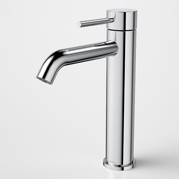 Caroma Liano II mid tower basin mixer tap in polished chrome, side view with single lever handle