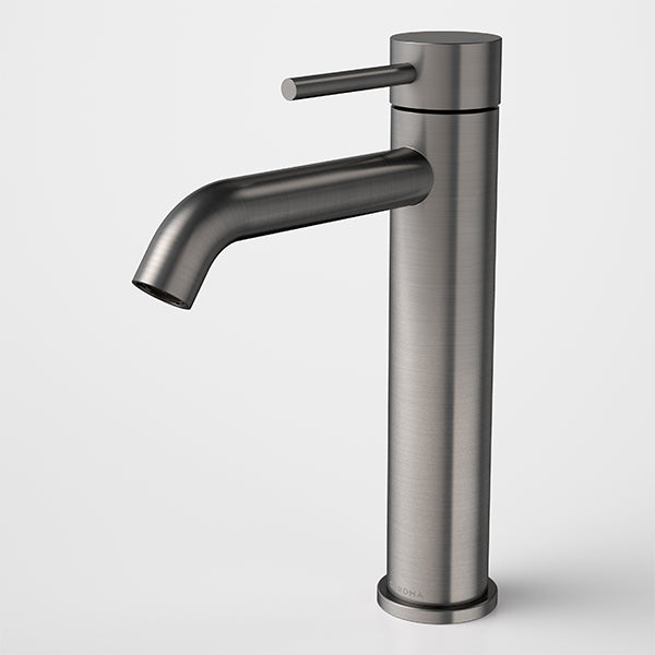 Caroma Liano II mid tower basin mixer in gunmetal, single lever tap with cylindrical base and curved spout