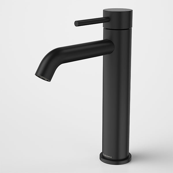 Caroma Liano II matte black mid tower basin mixer tap, side view, with cylindrical body and curved spout