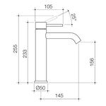 Caroma Liano II mid tower basin mixer technical drawing in gunmetal, side view with dimensions and 25° handle angle