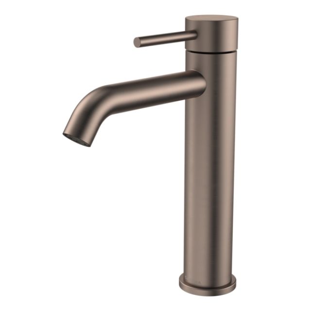 Caroma Liano II mid tower basin mixer in brushed bronze, with slim cylindrical body and curved spout on white background