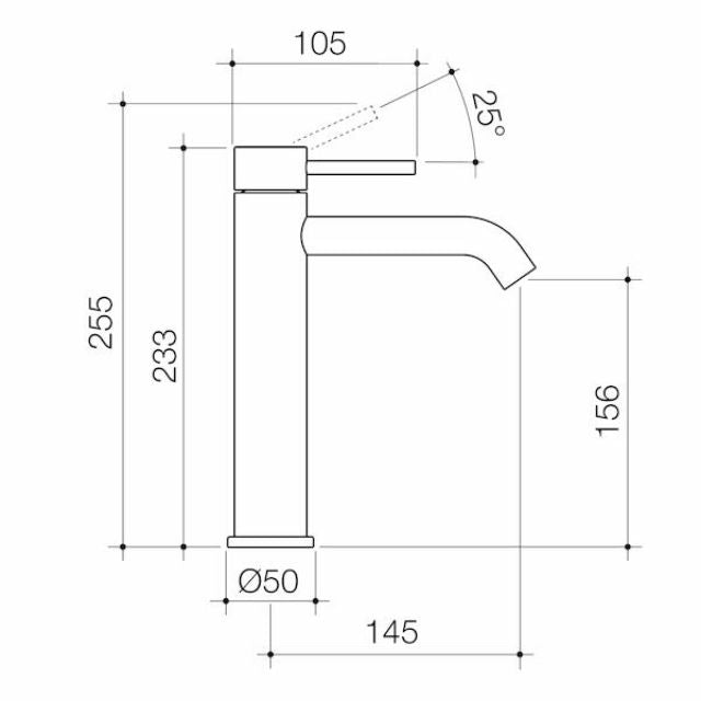 Caroma Liano II basin mixer technical drawing in brushed bronze, showing side view with dimensions and 25° handle angle