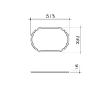 Caroma Liano II pill inset basin technical drawing, oval outline with dimensions 513 x 332 x 16mm, top and side view