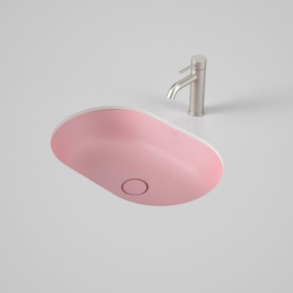 Caroma Liano II matte pink pill under/over counter basin with matching ceramic waste and brushed mixer tap