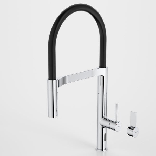 Caroma Liano II chrome pull down sensor sink mixer with black dual spray hose and swivel handle controls