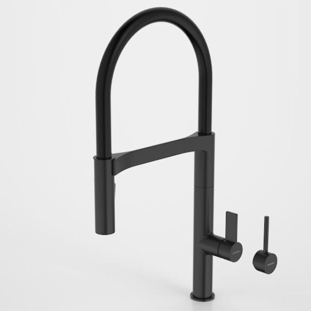 Caroma Liano II matte black pull down sink mixer tap with high arch spout and side lever handles