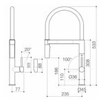Caroma Liano II pull-down sink mixer technical drawing, matte black, with dimensions and side/front views