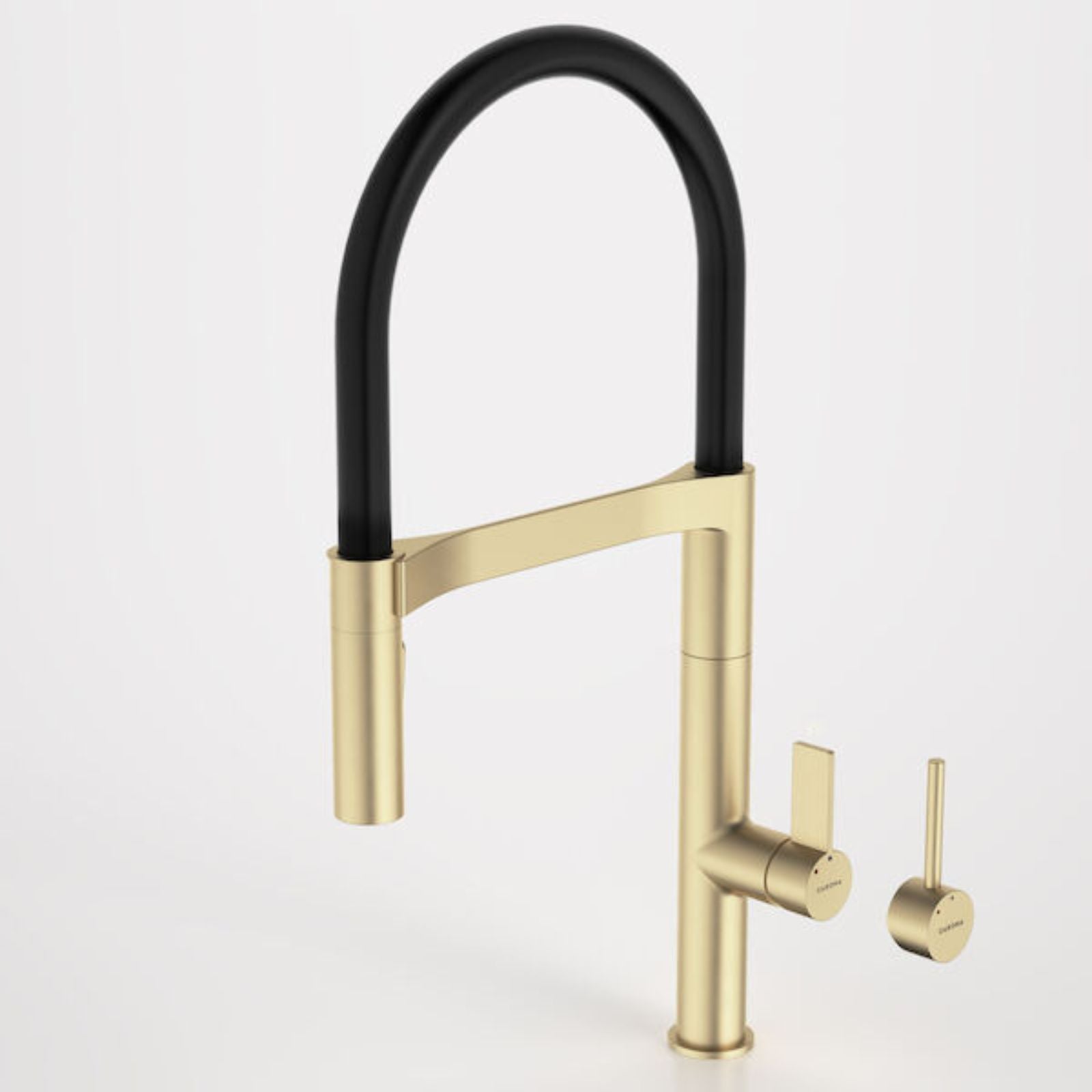 Caroma Liano II pull down sink mixer in brushed brass with black gooseneck spout and dual spray handles