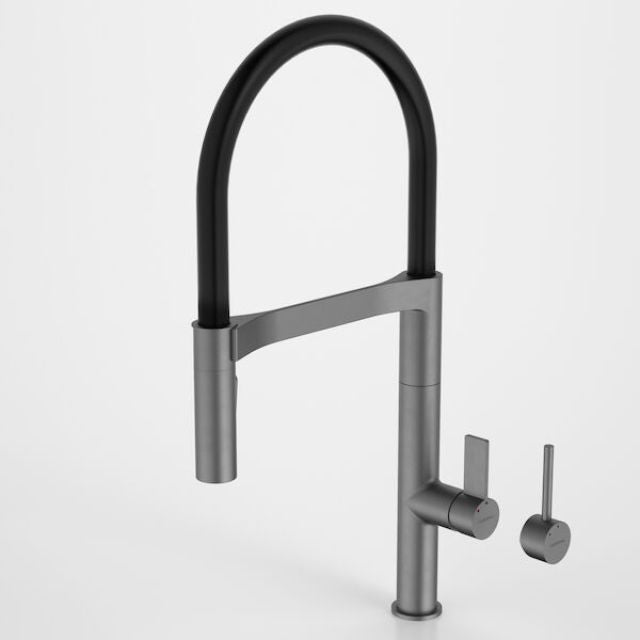 Caroma Liano II pull down sink mixer in gunmetal with dual spray, hob mounted tap and pin handle