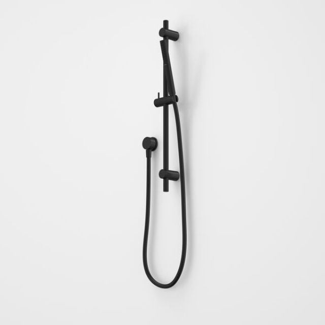Caroma Liano II black rail shower with handheld hose and slide rail, wall-mounted on a white background