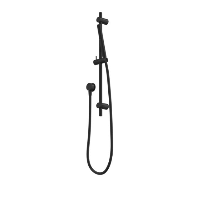 Caroma Liano II black rail shower with handheld showerhead and adjustable wall-mounted rail, front view