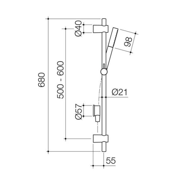 Caroma Liano II black rail shower technical drawing with dimensions and wall fixing measurements