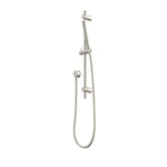 Caroma Liano II rail shower in brushed nickel, with handset, rail and hose on white background
